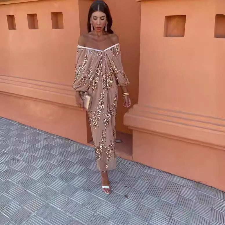 Bat Sleeve Sequins Deep V-neck Long Dress 20240345