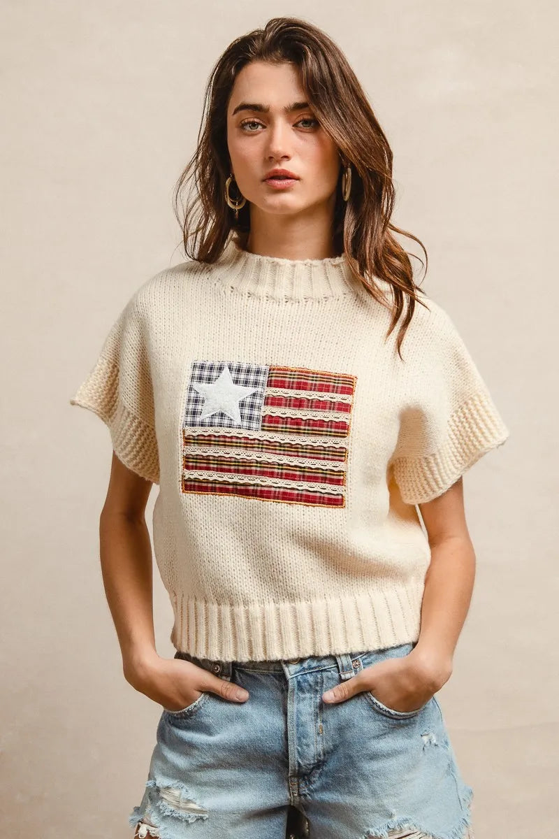 American Flag Patchwork Drop Shoulder Sweater