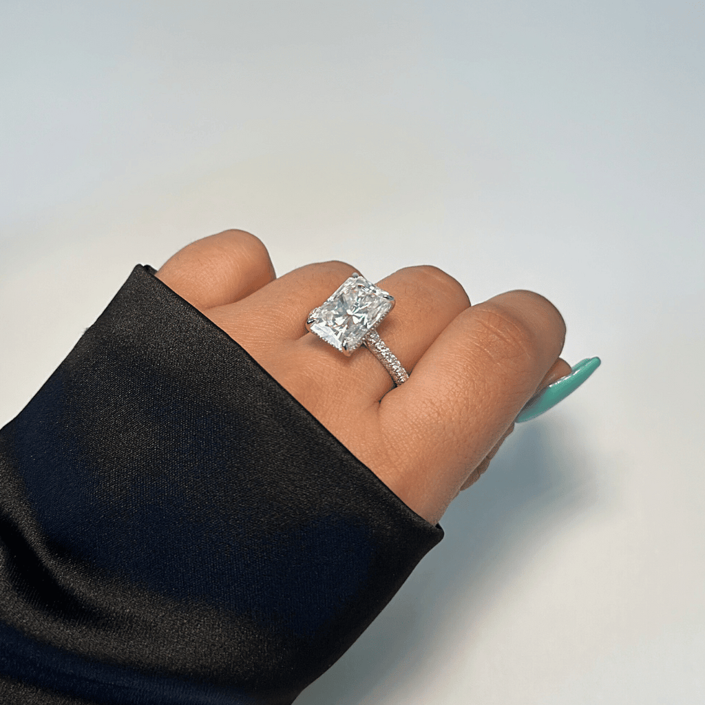 5.0ct Radiant Cut Moissanite Diamond Three Row Pavè Engagement Ring