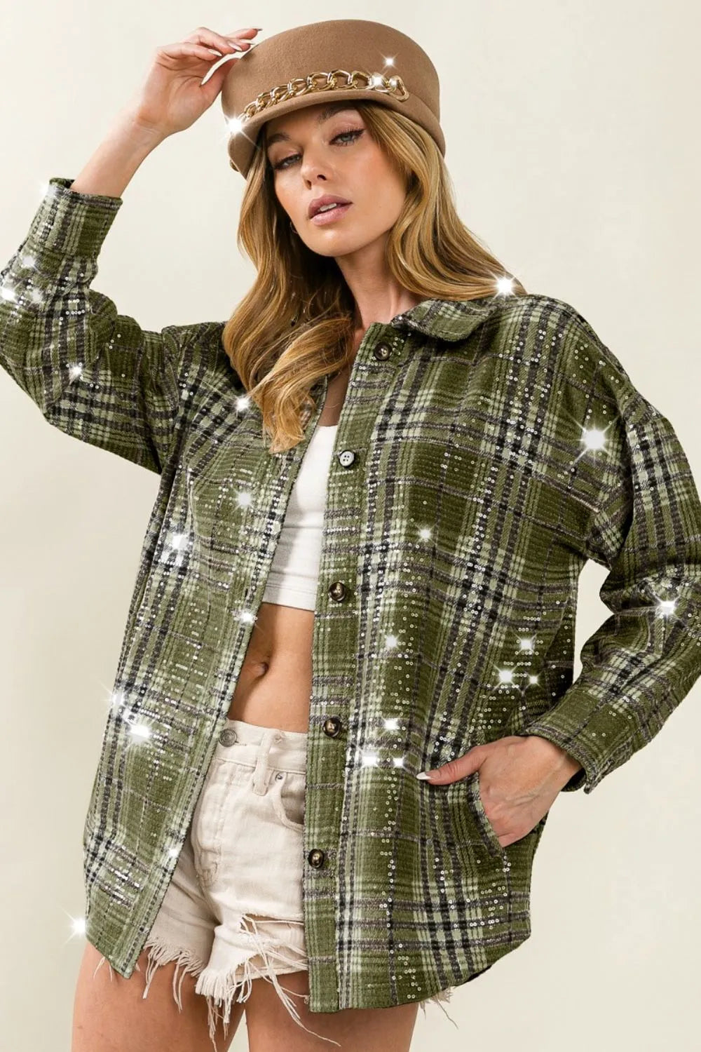Allover Clear Sequins Vintage Plaid Jacket