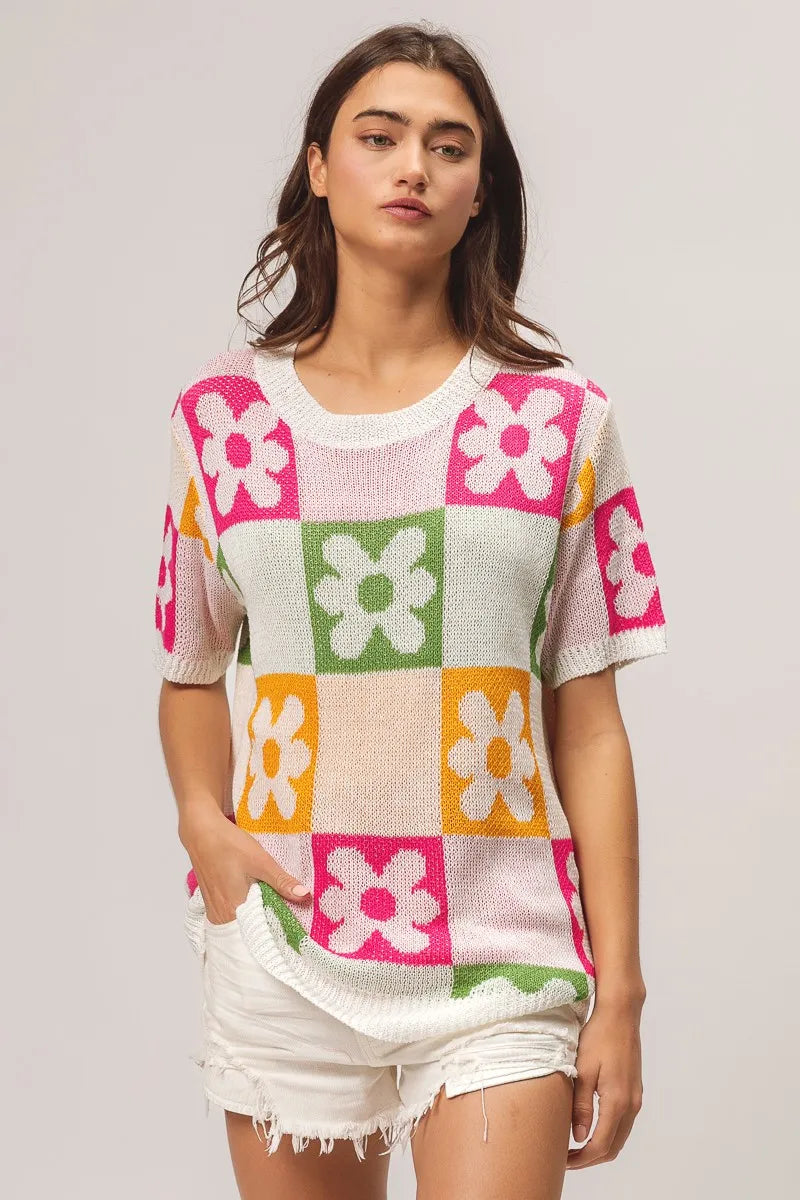 BiBi Flower Checker Pattern Lightweight Sweater Top