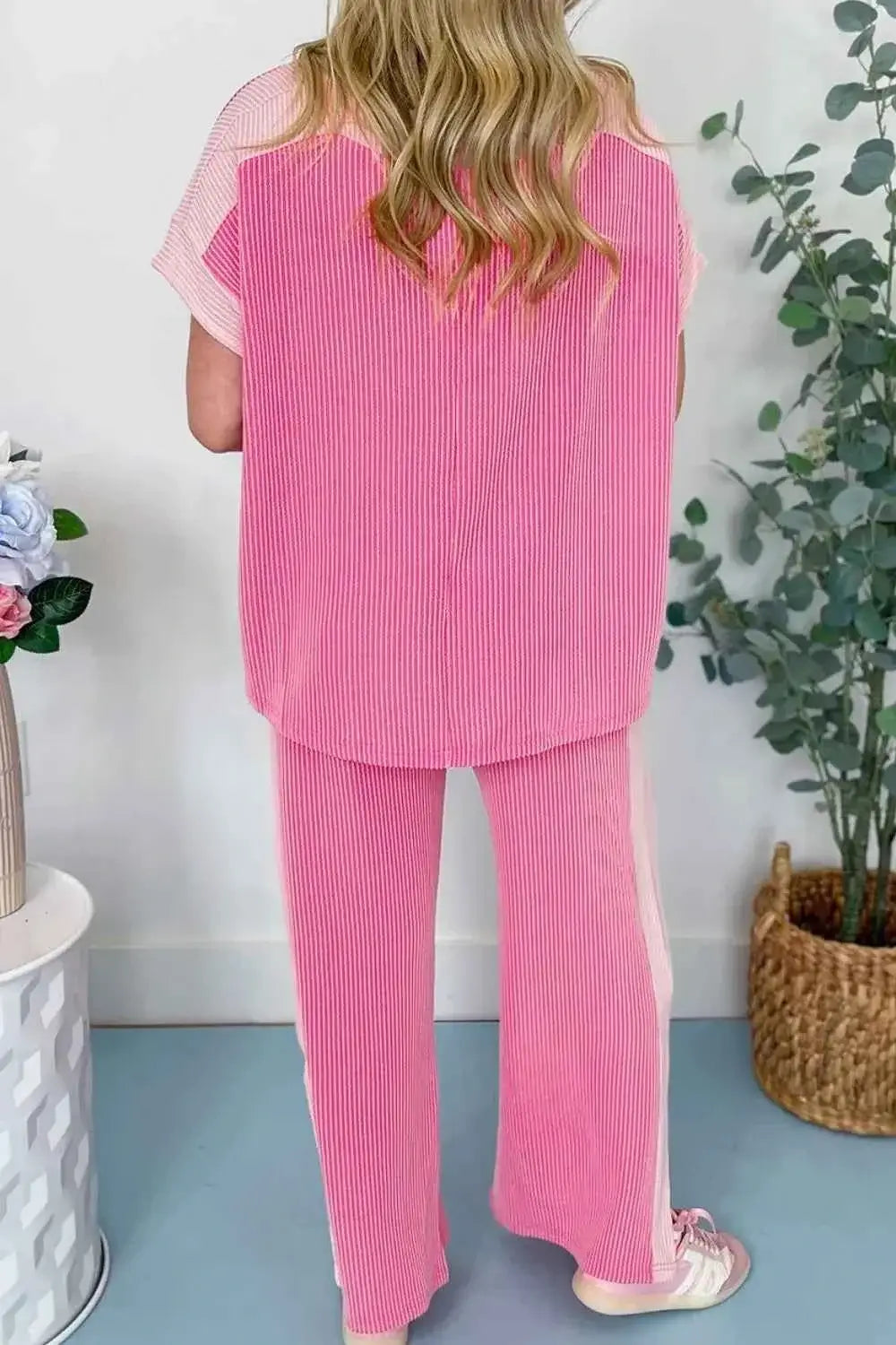 2-tone Colorblock Patchwork Corded top and pants set