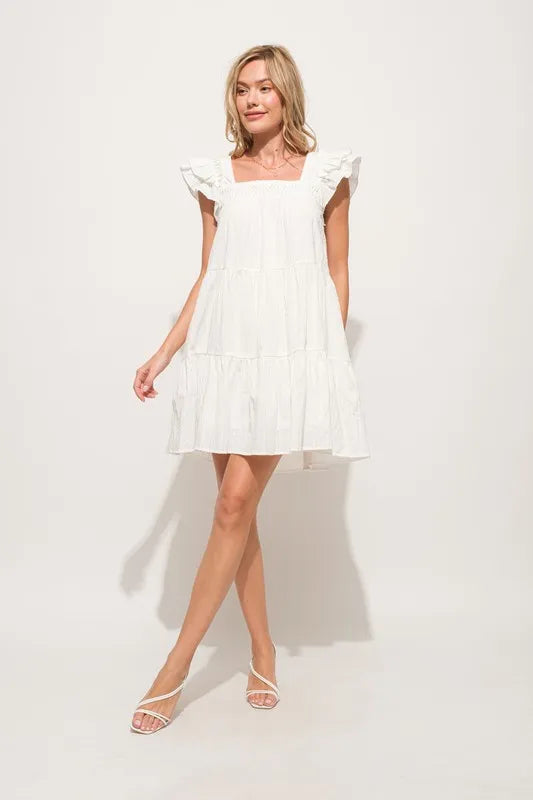 And The Why Origami Pleating Ruffled Sleeve Tiered Dress