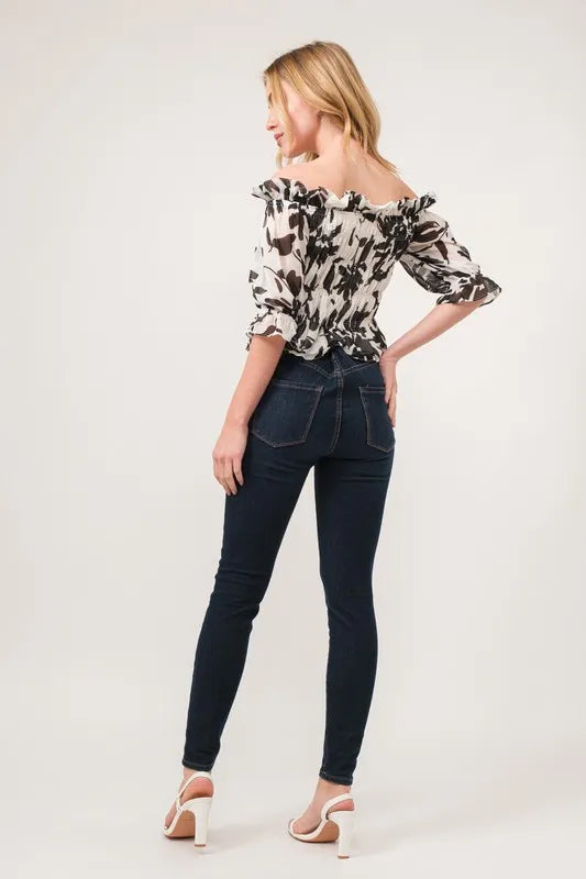 And The Why Smocked Off-Shoulder Floral Printed Top