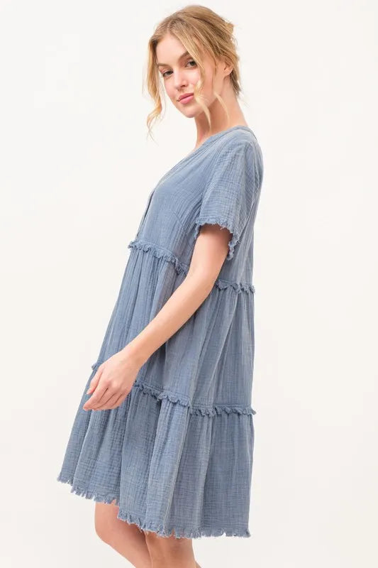 And The Why Washed Frayed Detail Tiered Dress