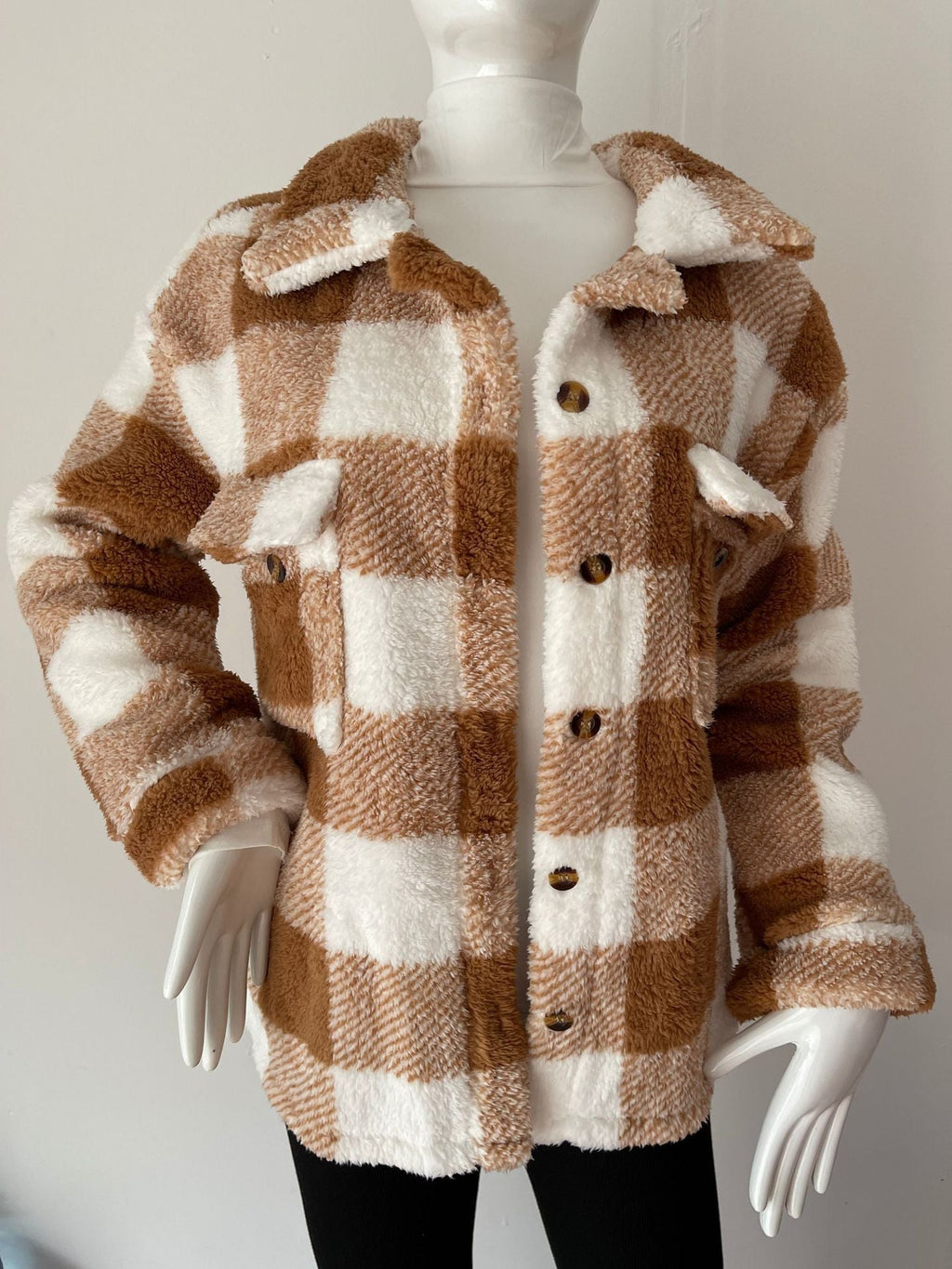 Autumn And Winter Long Sleeve Double Pocket Plaid Furry Coat Women
