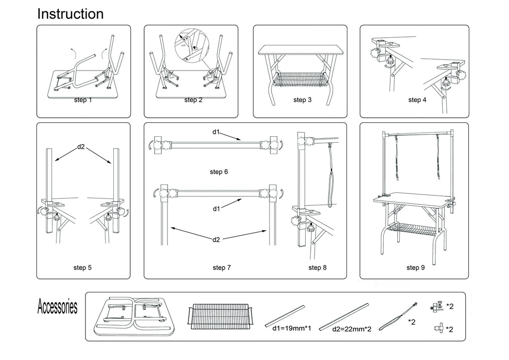 42' Folding Dog Pet Grooming Table Stainless Steel Frame Rubber Mat on Board with Adjustable Arm and Clamps pet dog Cat Grooming Table (SILVER-GRAY COLOR)