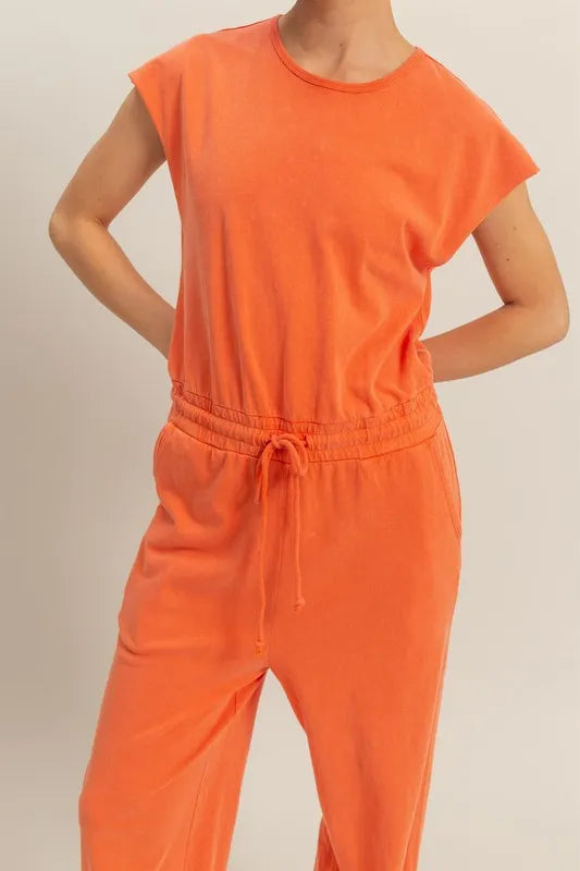 Back Keyhole Round Neck Cap Sleeve Drawstring Jumpsuit