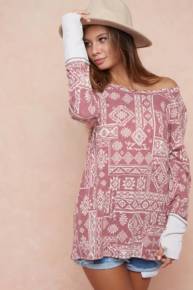Aztec Print French Terry Top with Thumb Opening