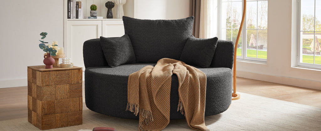 360° Swivel Accent Barrel Chair with Removable Pillows, Black Chenille, 56.3x56.3x36.5 inches