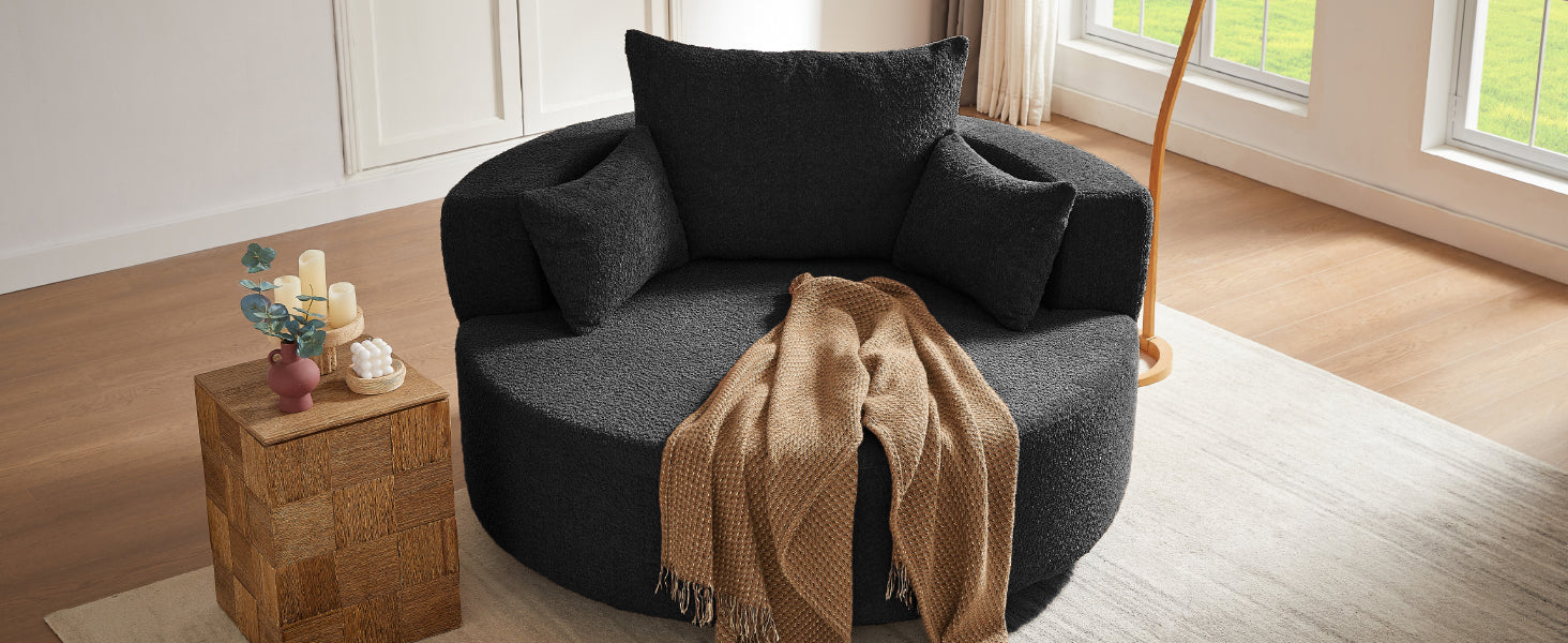 360° Swivel Accent Barrel Chair with Removable Pillows, Black Chenille, 56.3x56.3x36.5 inches