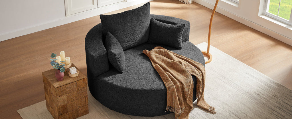 360° Swivel Accent Barrel Chair with Removable Pillows, Black Chenille, 56.3x56.3x36.5 inches
