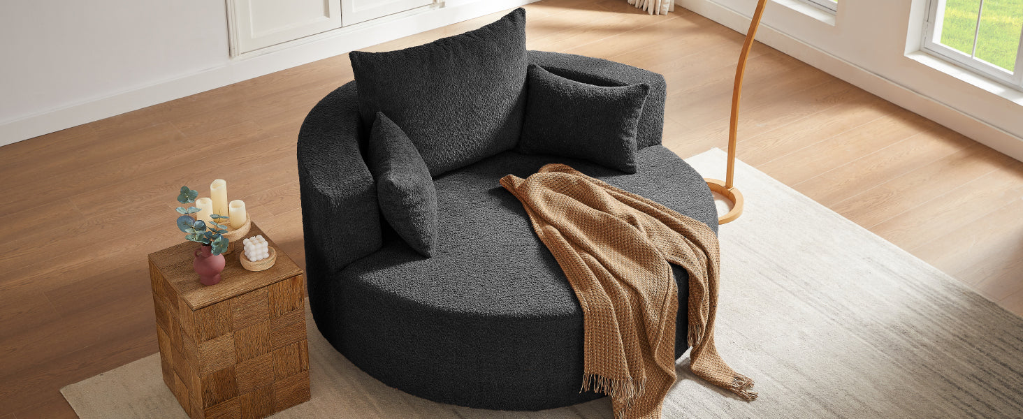360° Swivel Accent Barrel Chair with Removable Pillows, Black Chenille, 56.3x56.3x36.5 inches