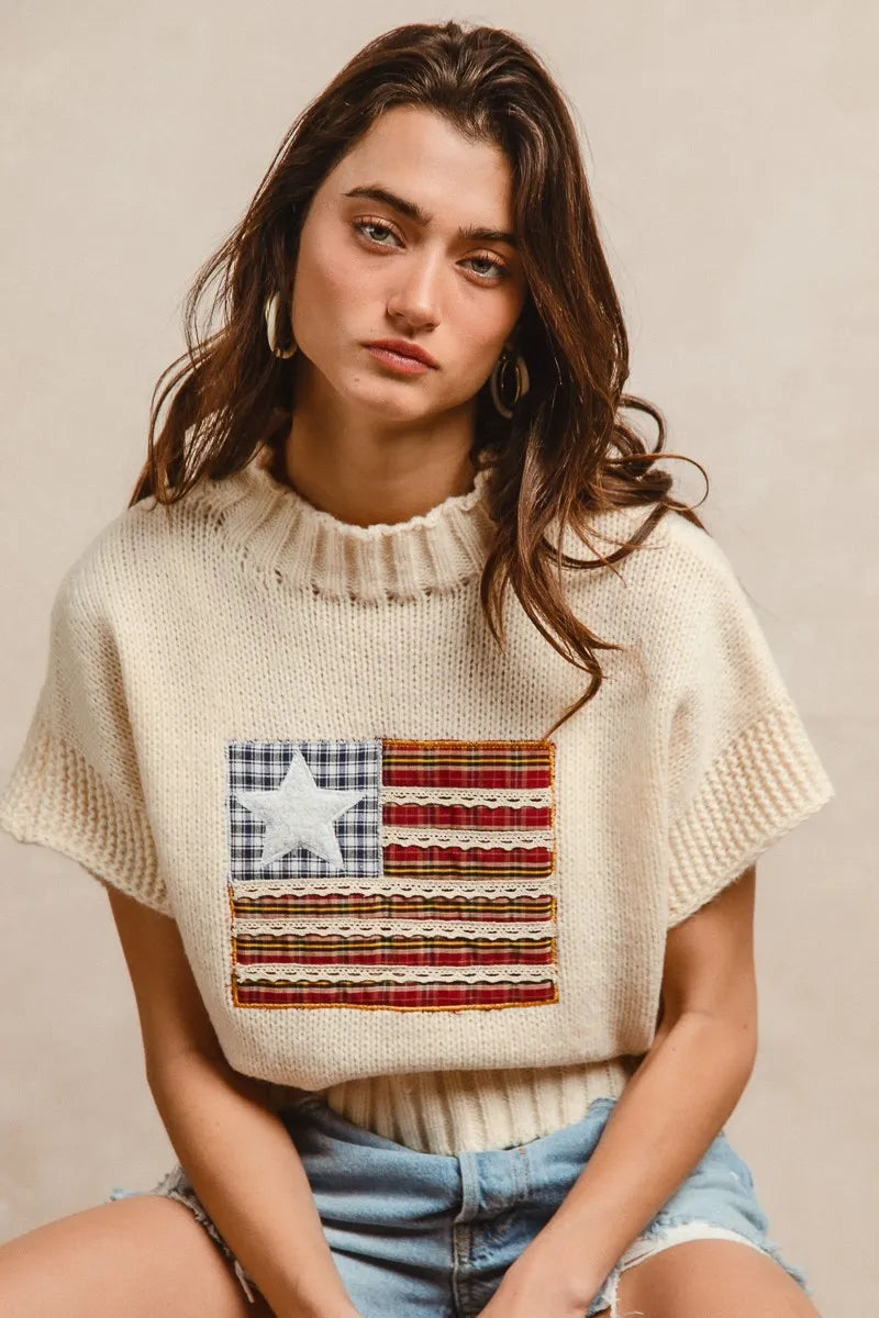 American Flag Patchwork Drop Shoulder Sweater