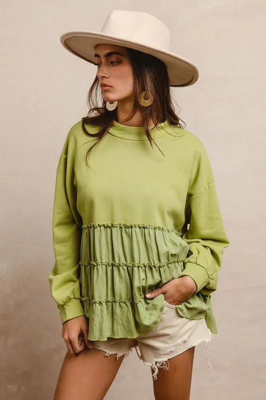 BiBi French Terry and Woven Mixed Tiered Top