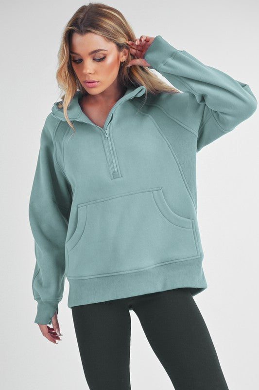 Aemi+Co Half Zip Raglan Sleeve Sweatshirt with Kangaroo Pocket