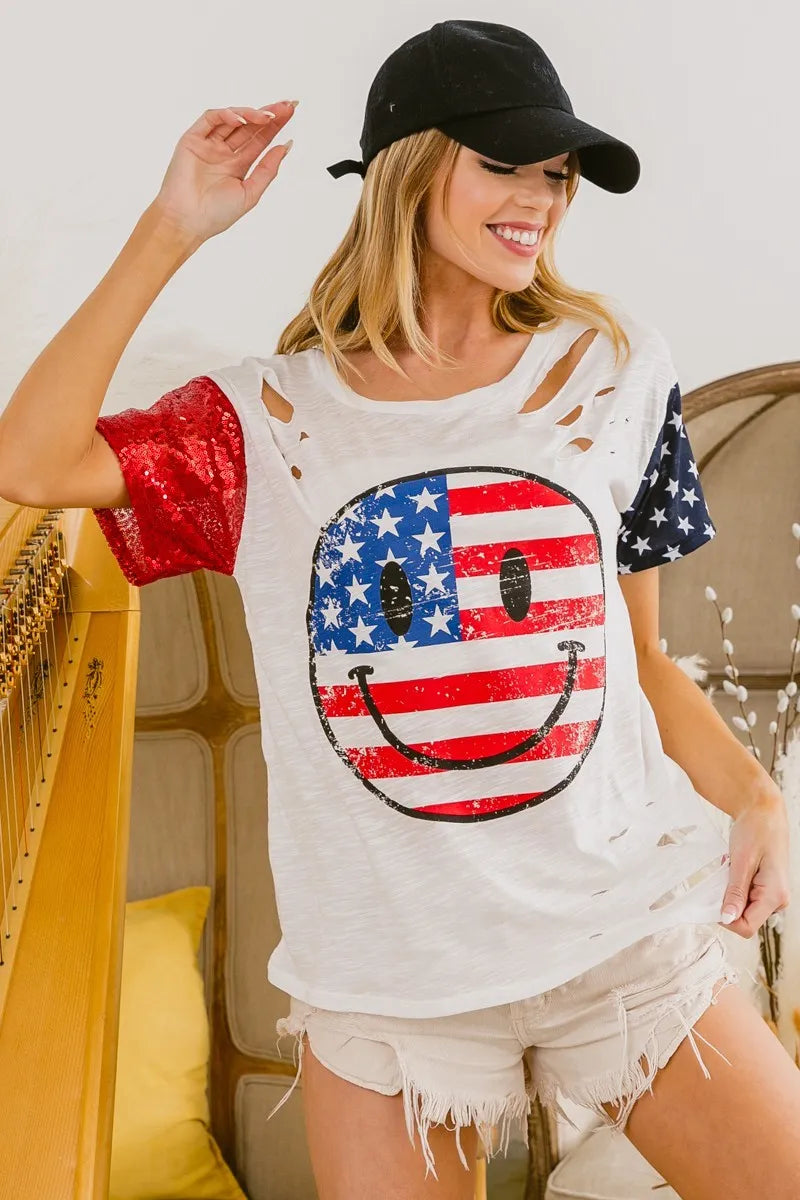 BiBi Fourth Of July Top With Laser Cut And Smile Face