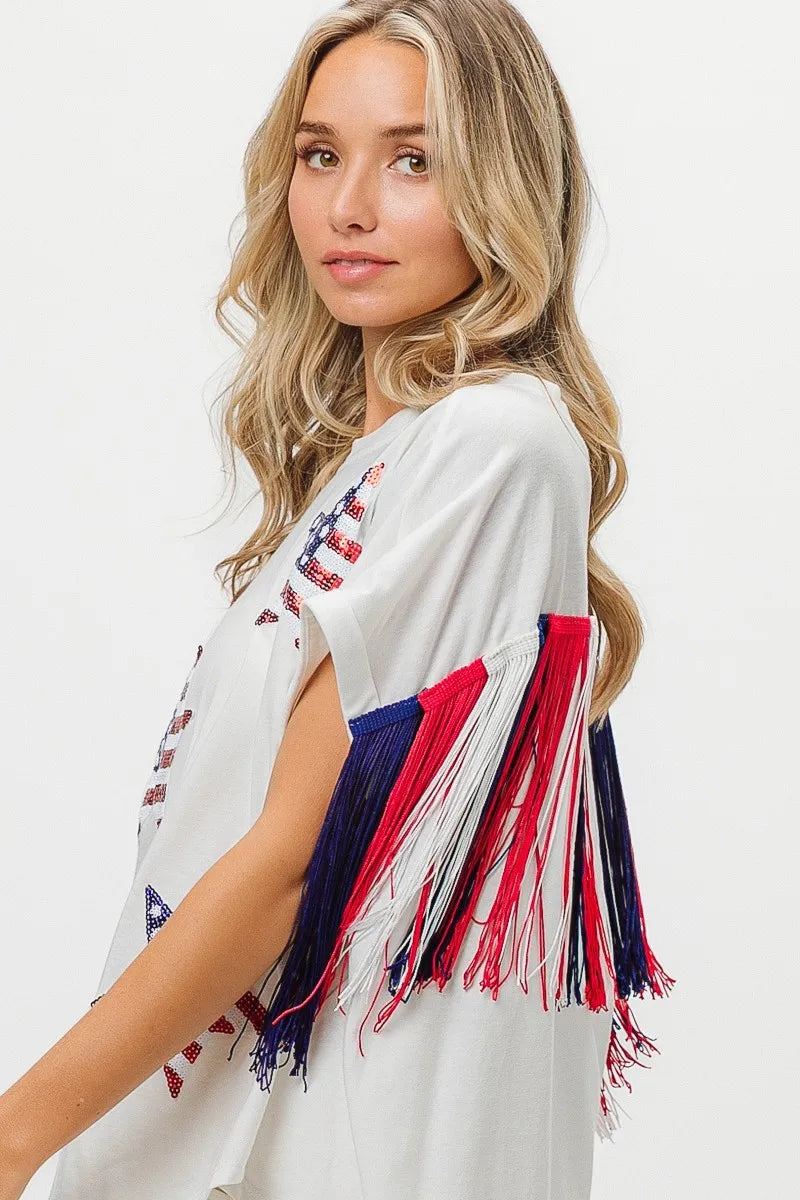 American Flag Sequin Star Fringe Top