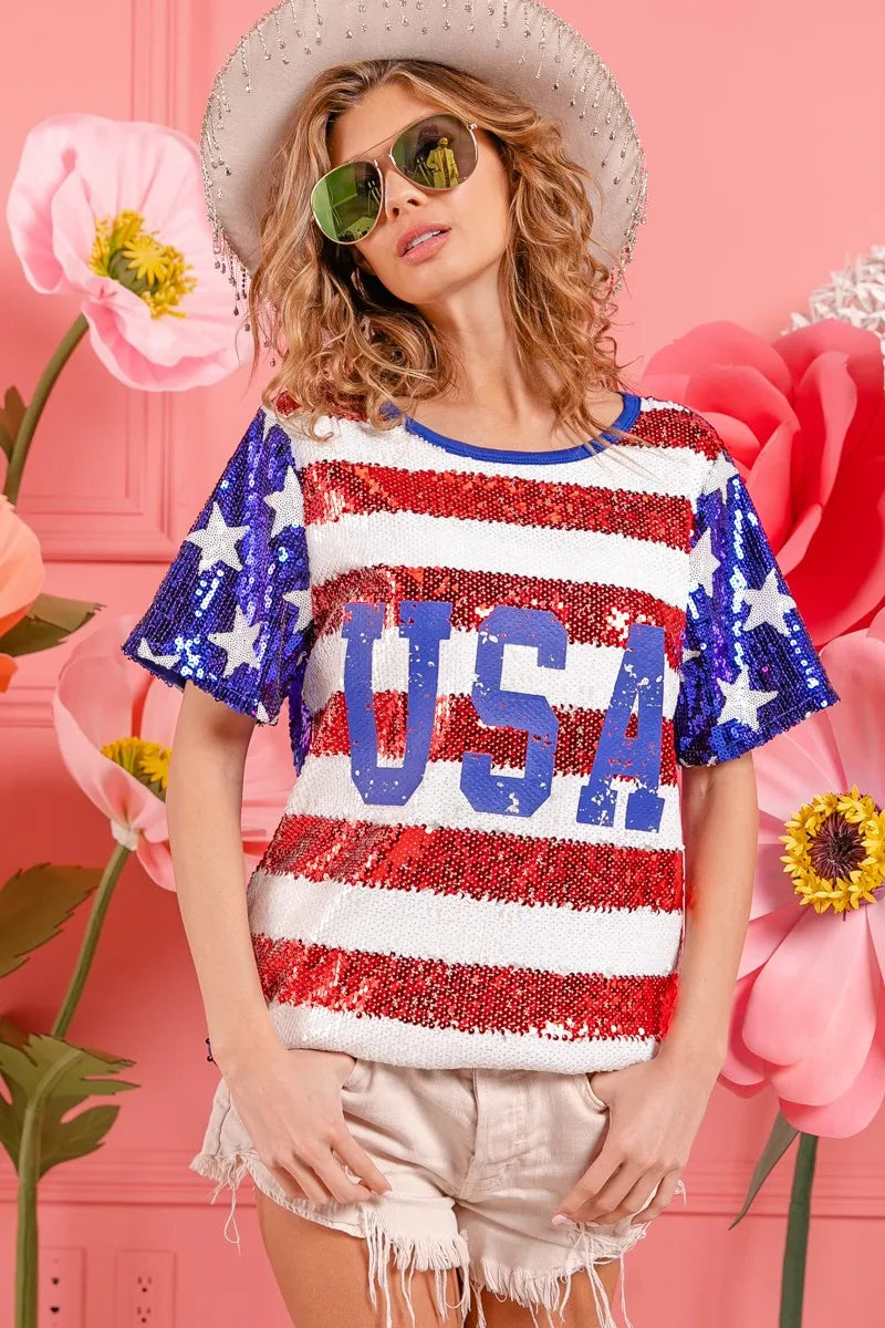 American Flag Theme USA Lettering Sequin Top