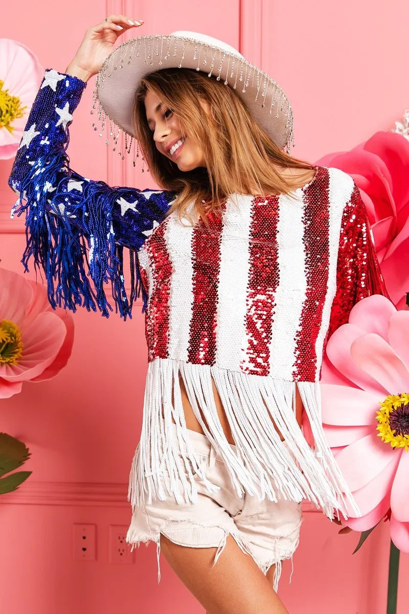 American Flag Theme Fringe Detailed Sequins Crop Top