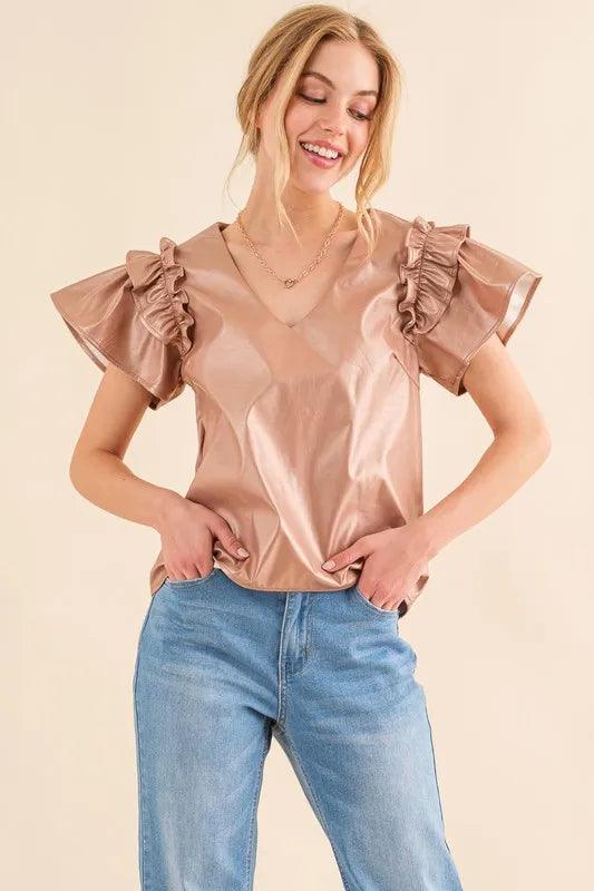 And The Why Faux Leather Ruffle Sleeves V Neck Top