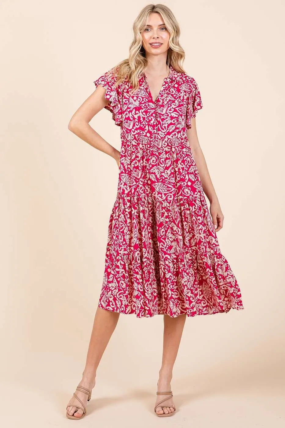 Abstract Print Ruffle Tier Midi Dress