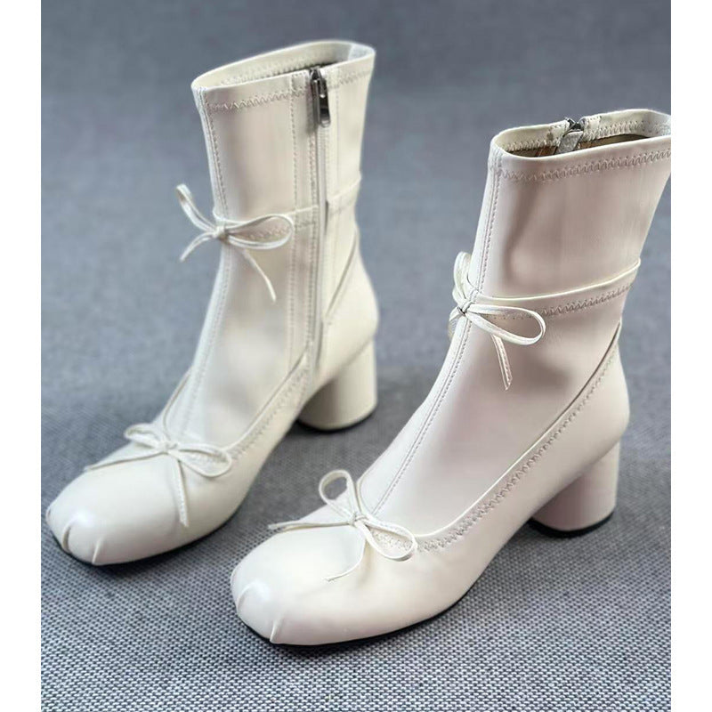 Ballet Style White High-heeled Round Head Thin Booties