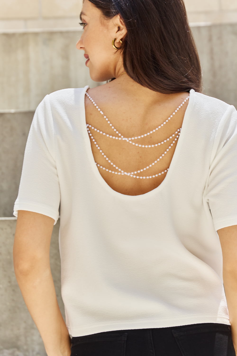 And The Why Pearly White Criss Cross Pearl Detail Open Back T-Shirt