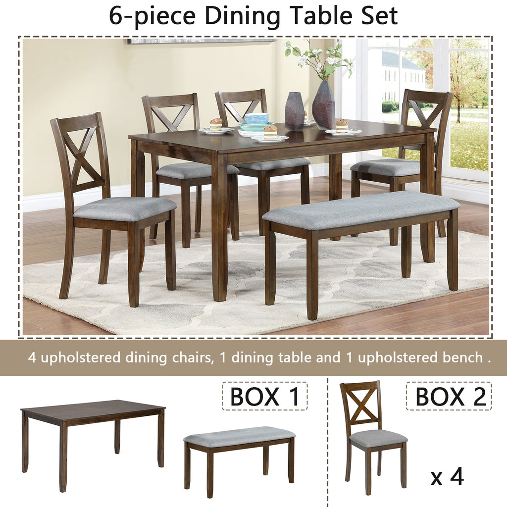 6PCs Kitchen Dining Set, Rectangular Wooden Dining Table with 4 Upholstered Chairs and a Bench, Dining Table Set for 6 People, Living Room, Home Bar and Kitchen, Walnut