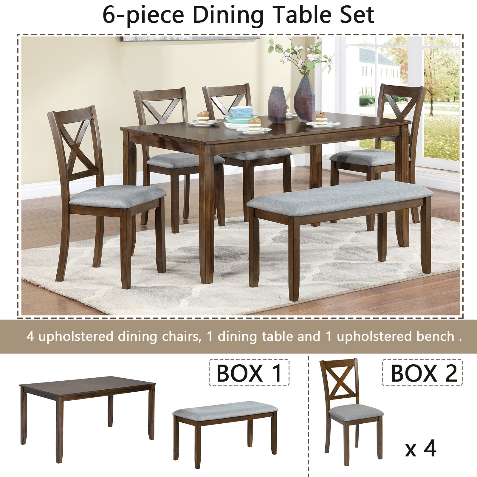 6PCs Kitchen Dining Set, Rectangular Wooden Dining Table with 4 Upholstered Chairs and a Bench, Dining Table Set for 6 People, Living Room, Home Bar and Kitchen, Walnut