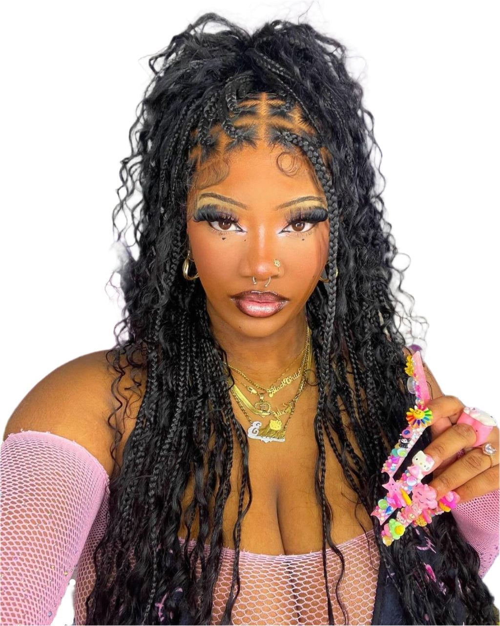 32 Inch Natural Curly Boho Box Braids Wig - Knotless - Full Lace - Synthetic - with Baby Hair