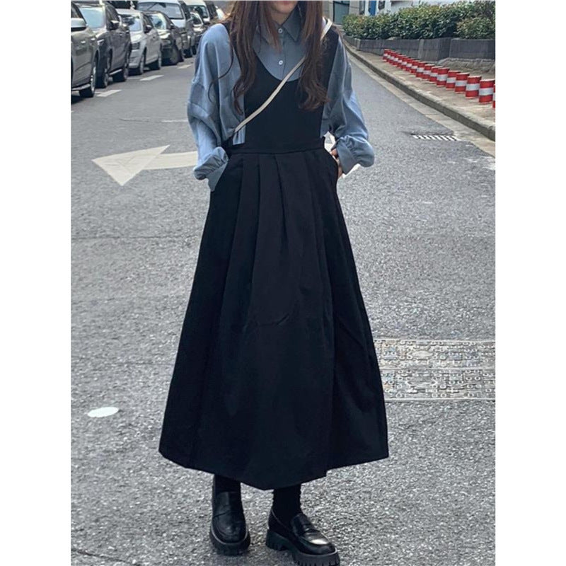 Autumn Suit Women's Shirt Extended Black Strap Dress