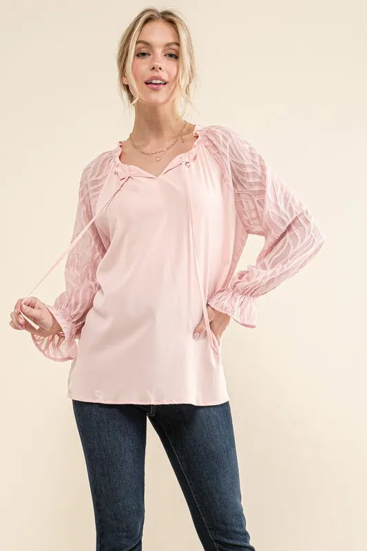 And The Why Leaves Shape Textured Sleeve Blouse