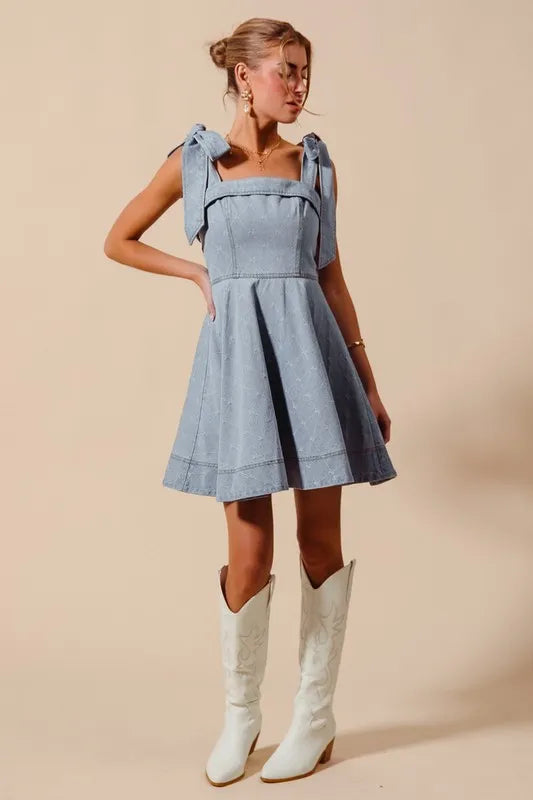 A Line Fit and Flare Diamond Bow Ribbon Denim Dres