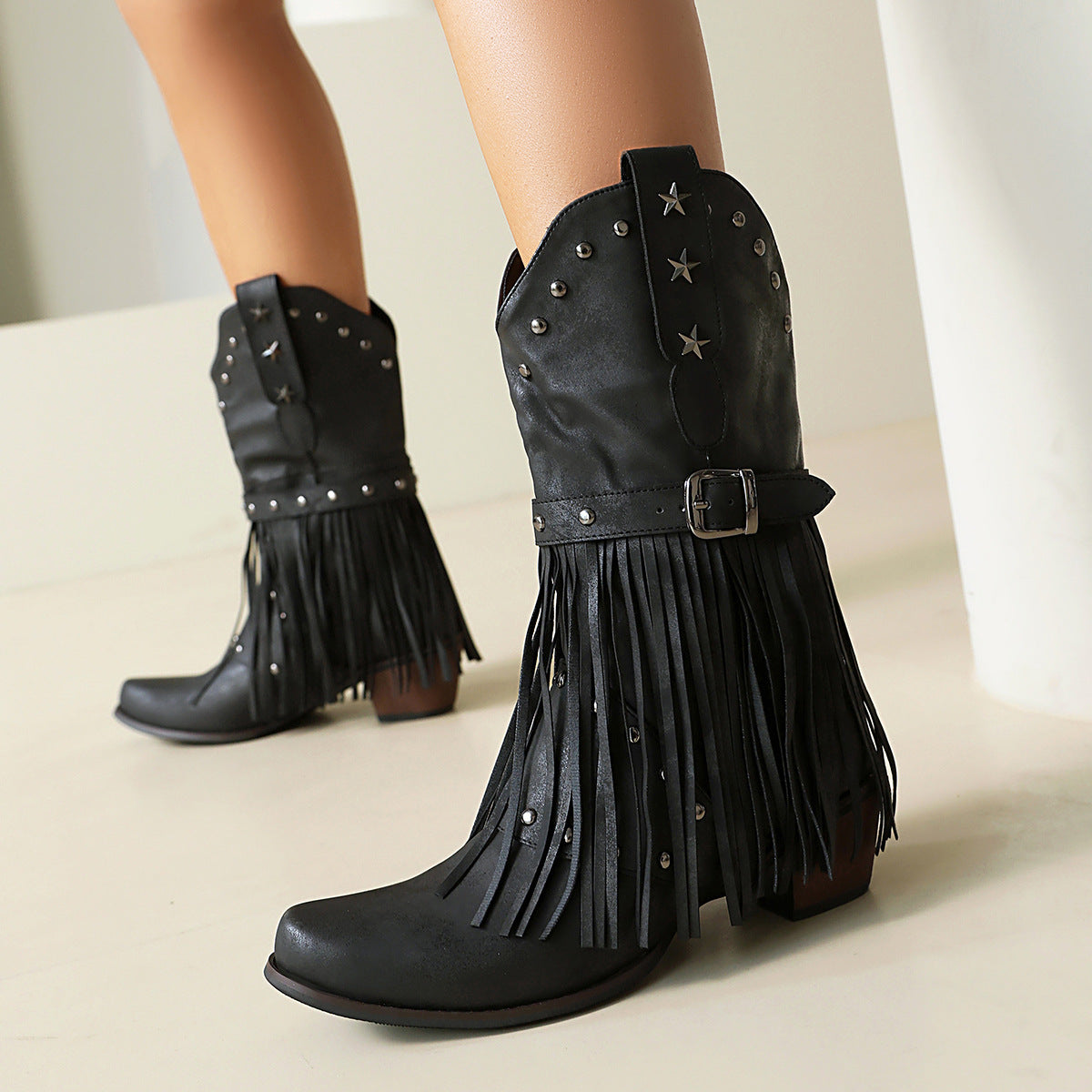Autumn And Winter Tassel Women's Western Rivet Belt Buckle Tassel Middle Boots