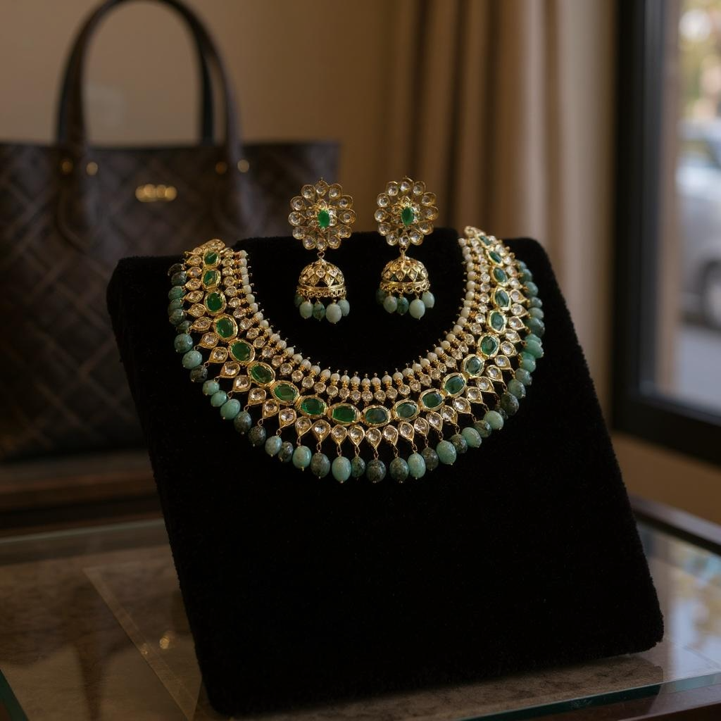 Aleezay necklace set with real emerald beads  (SHIPS IN 2 WEEKS)