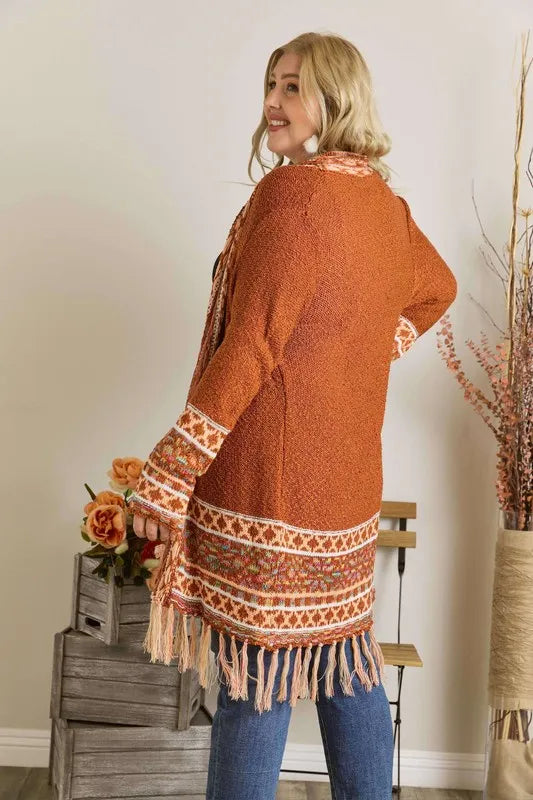 ADORA Full Size Fringe Hem Aztec Border Cardigan Plus Size