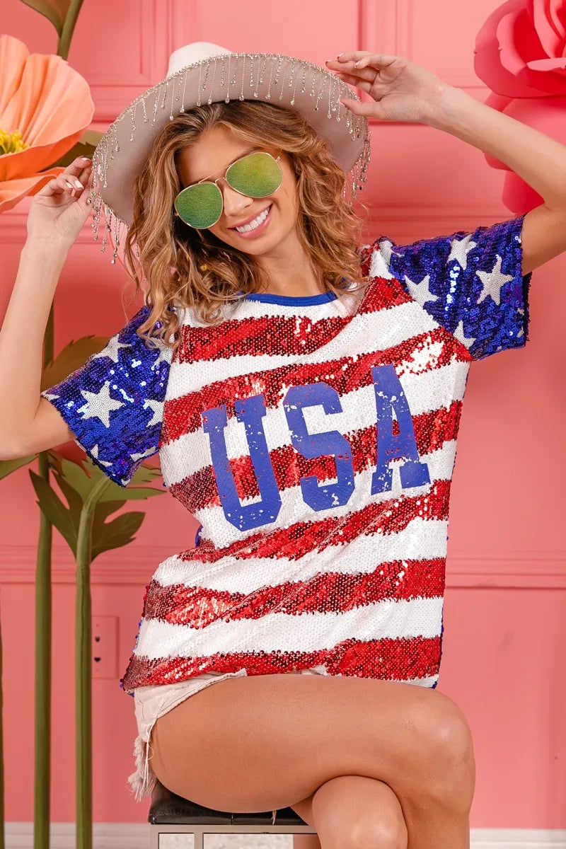American Flag Theme USA Lettering Sequin Top