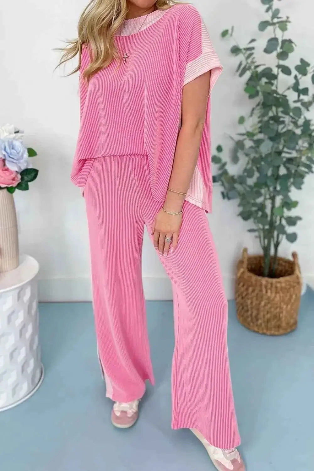 2-tone Colorblock Patchwork Corded top and pants set