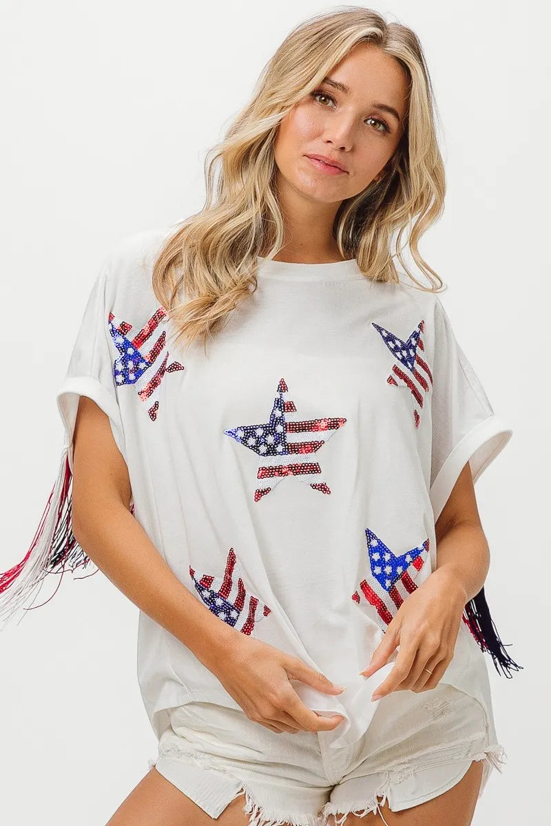 American Flag Sequin Star Fringe Top