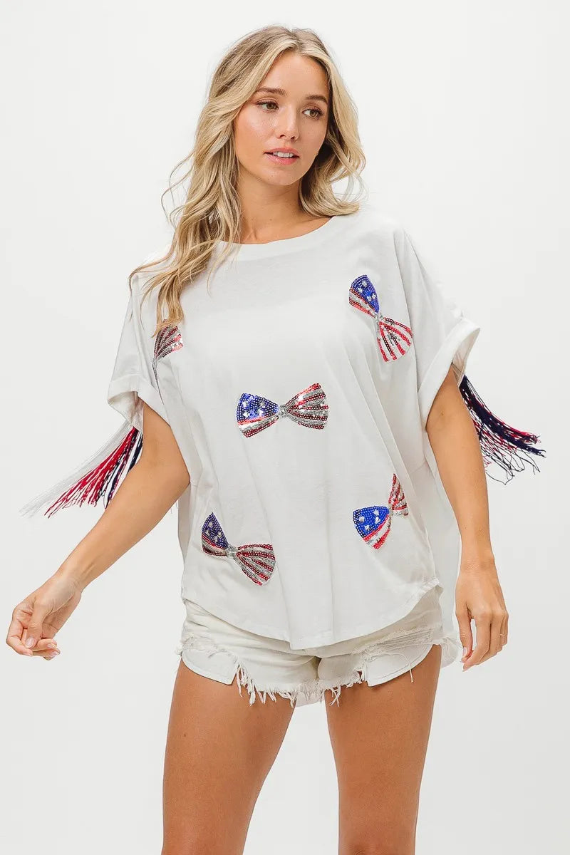 American Flag Sequin Ribbon T-Shirt