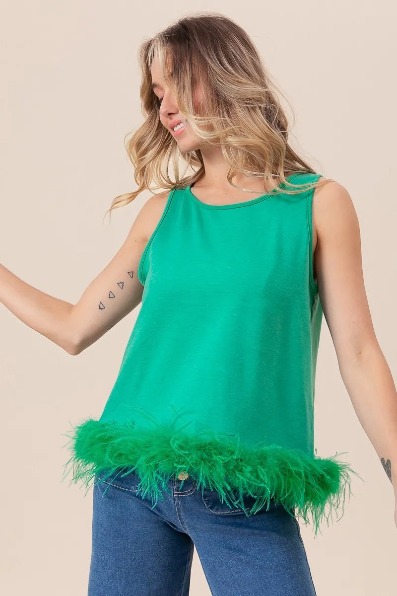 BiBi French Terry Faux Feather Bottom Back Tied Top