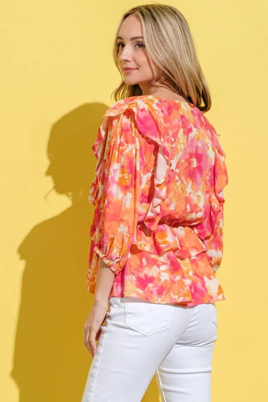 And The Why Ruffled Printed Puff Sleeve Blouse