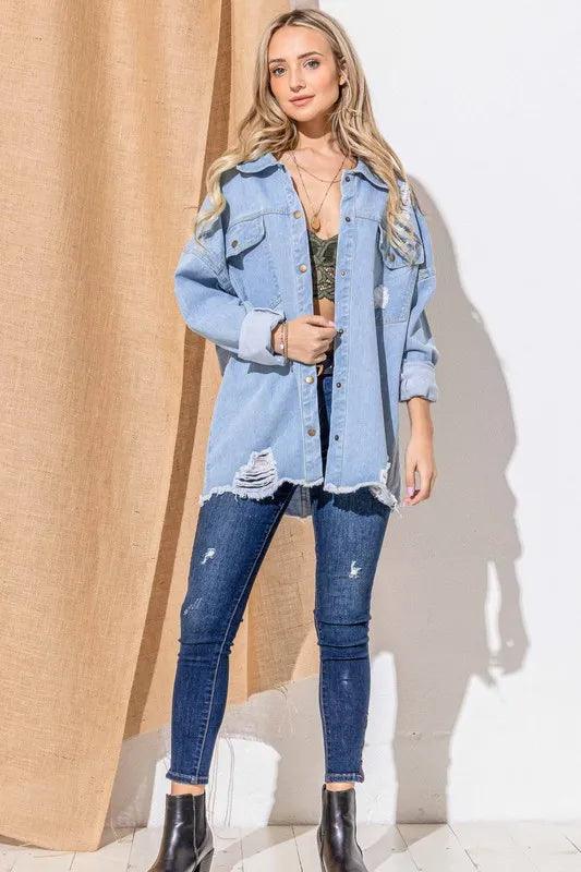 And The Why Button Front Flap Pocket Ripped Denim Jacket