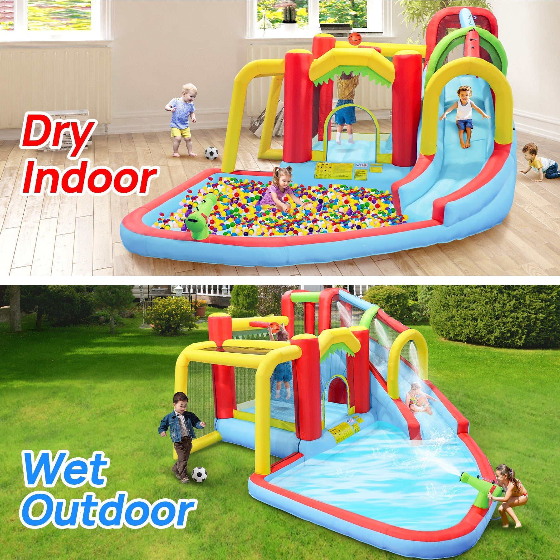 7 in1 Inflatable slide water park bouncing house outdoor Soccer garden bouncer with Splash pool  & Water gun & Climbing wall & Basketball & Football