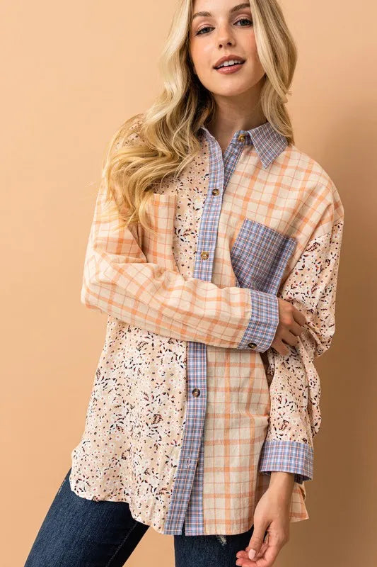 And The Why Floral and Plaid Color Block Shirts with Pocket