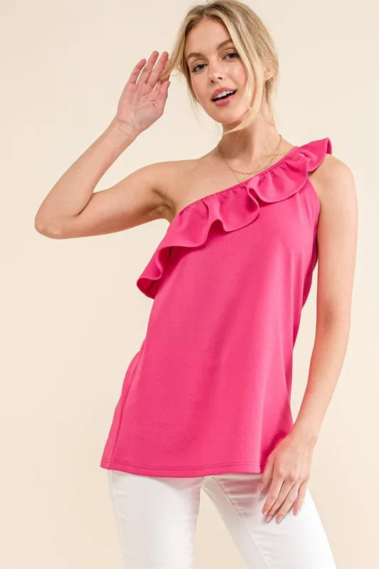 And The Why Ruffle One Shoulder Sleeveless Tank Top in Magenta