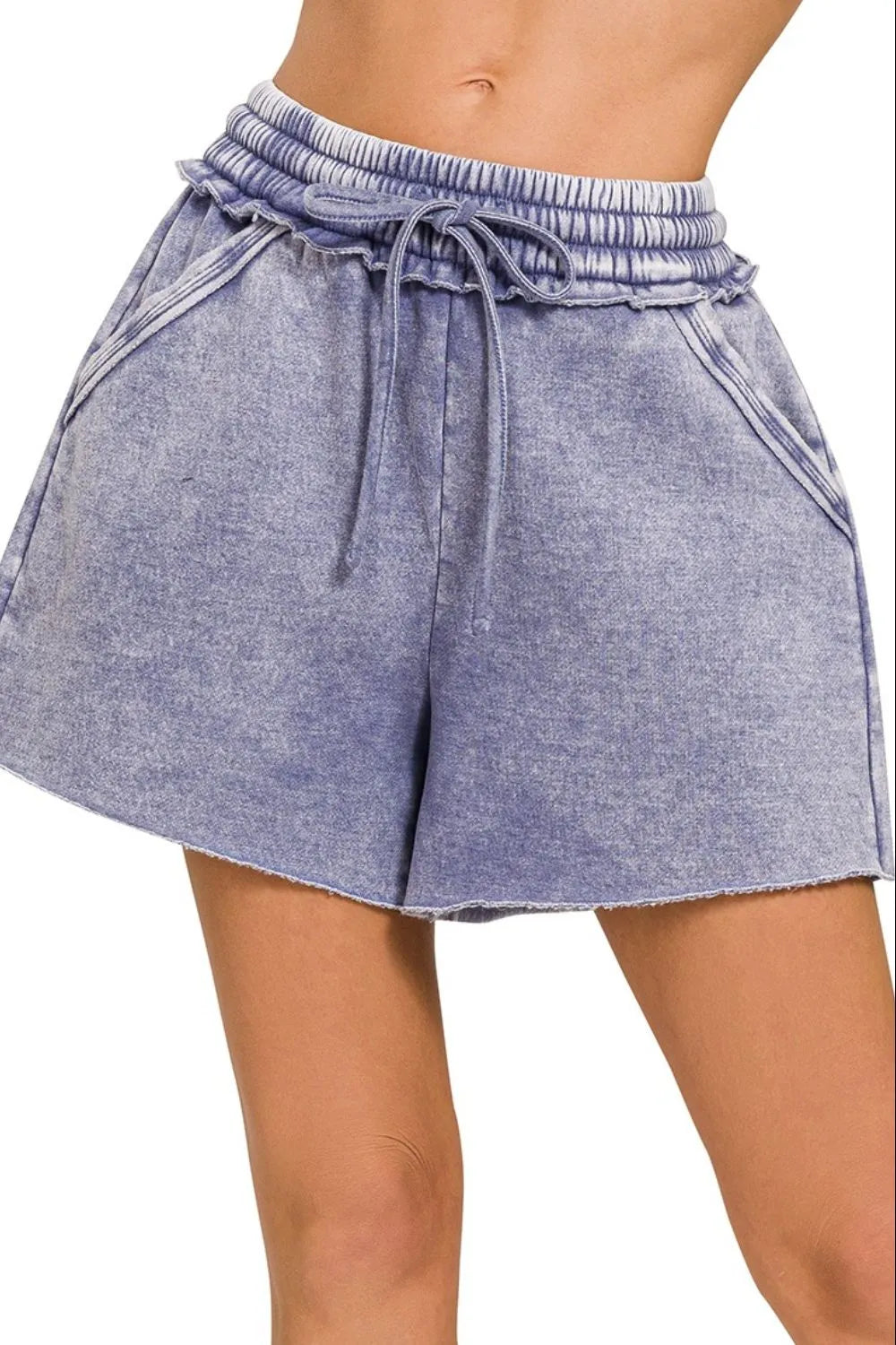 Acid Wash Fleece Drawstring Shorts With Pockets