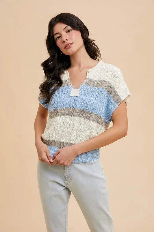 Annie Wear Low Gauge Color Block Textured Sweater Top