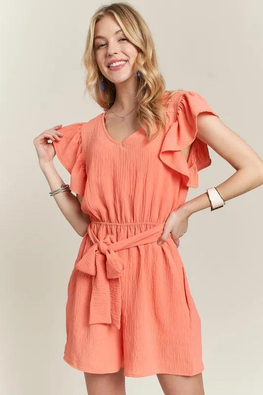 ADORA Ruffle Sleeves Romper with Pockets